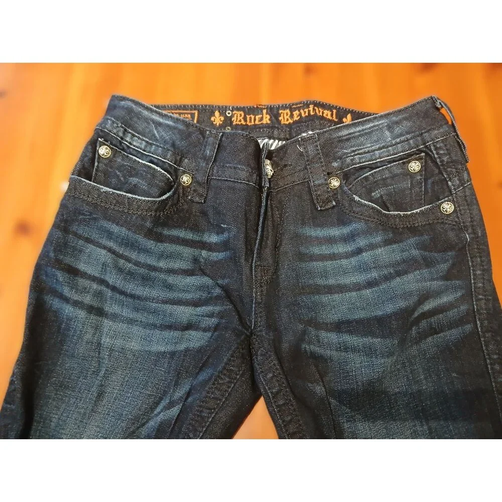 Rock Revival Jeans Dark Blue Wash Faded Distressed Heath Bootcut Size 30 - Picture 4 of 10